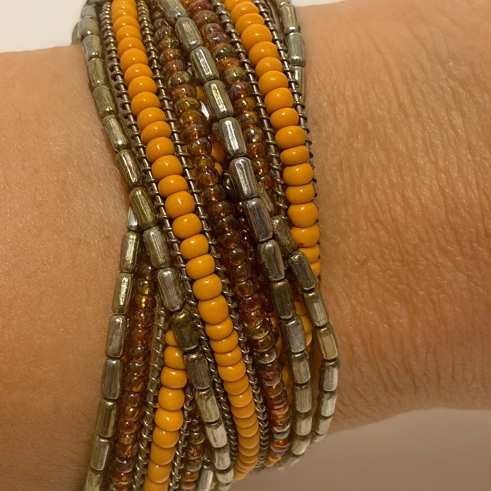 Braided Bead Bracelet Orange seed beads Gold Bugle beads Wire stretch OS